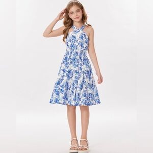 Grace Karin Girls Size 8Y Blue and White Floral Halter A-Line Midi Dress